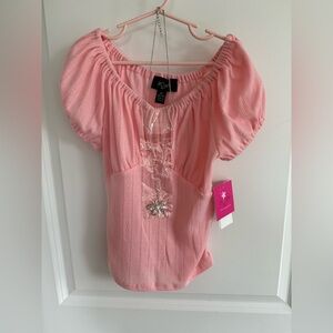 I.N. San Francisco Pink Puff Sleeve Ruched Blouse